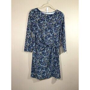 Lands End Floral Long Sleeve Tie Waist Dress 1X Blue Cottage Tencel Modal NWT